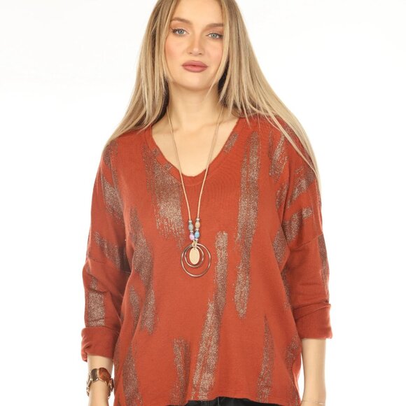 Rust shiny v neck Top - Picture 3 of 6